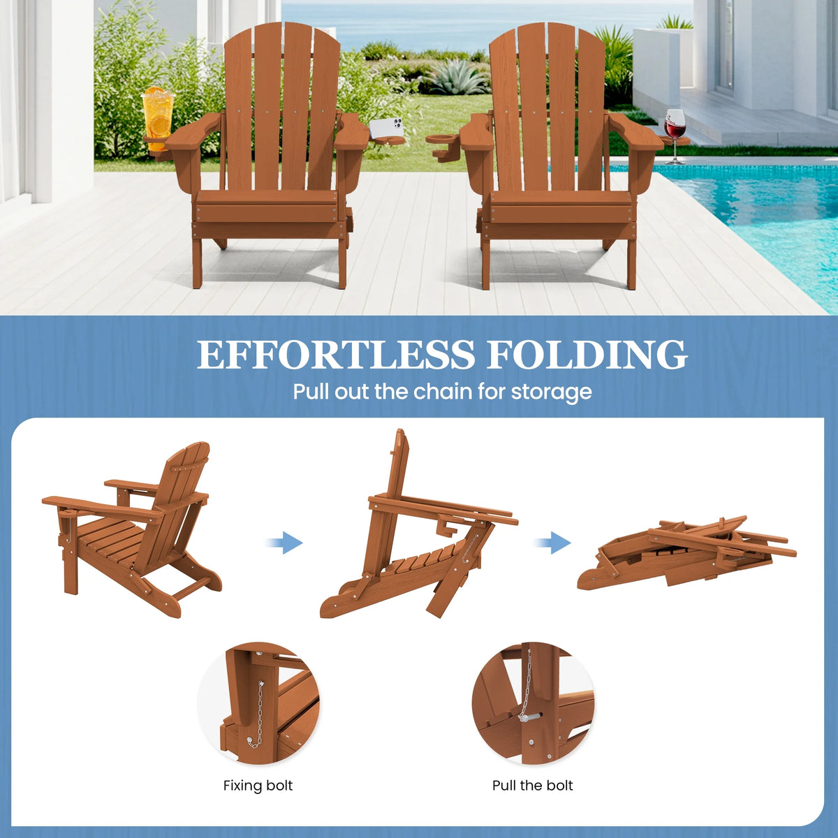 SERWALL Folding Adirondack Chair Set with Dual Cup Holders & Phone Holder, All-Weather HDPE Fire Pit Chairs for Outdoor, Patio, Poolside, Garden - Black