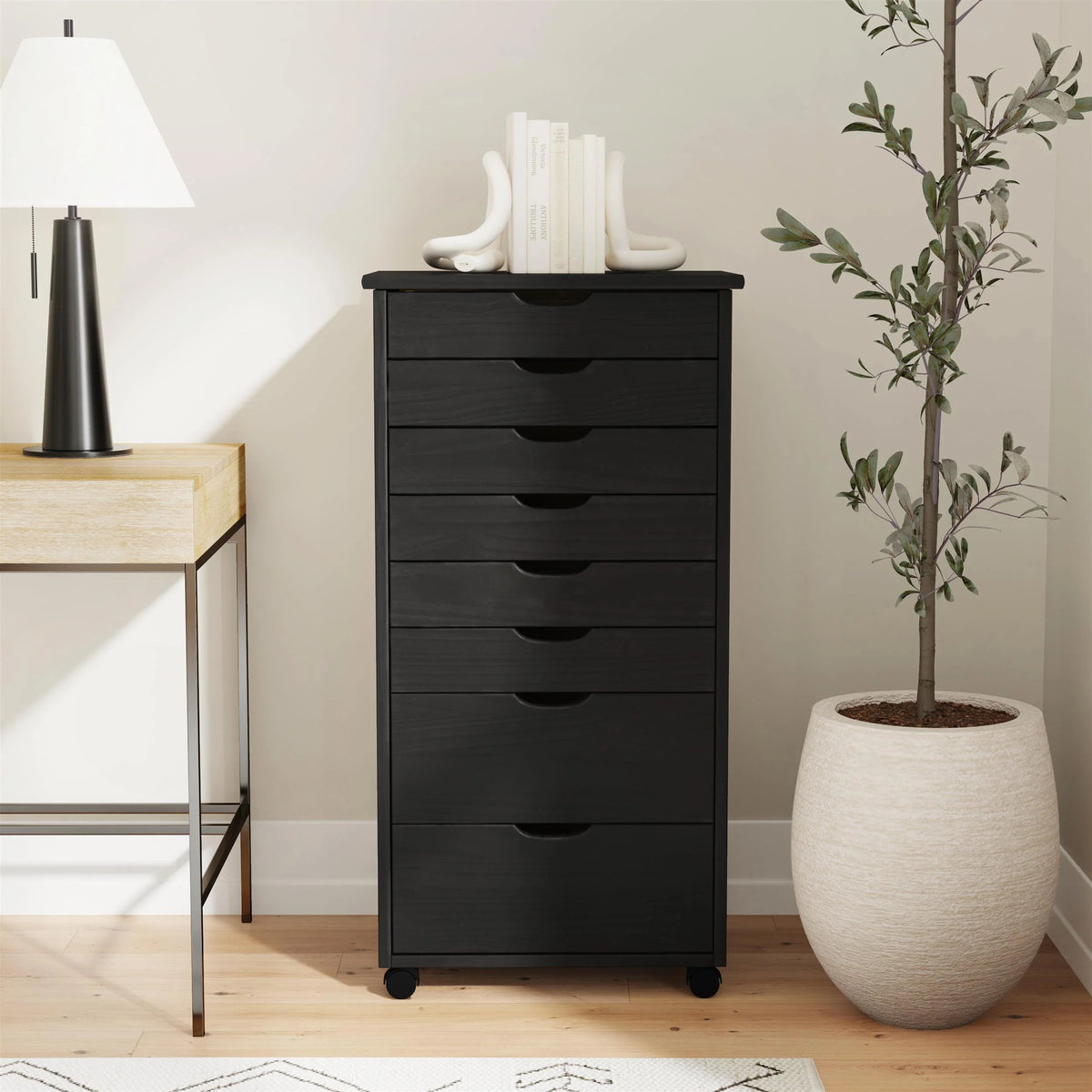 Linon Callie Eight Drawer Rolling Storage Cart in Natural Stained Wood