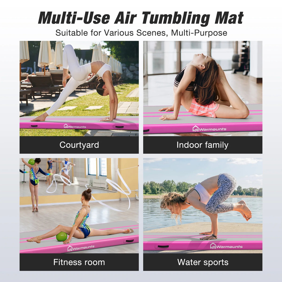 WARMOUNTS Tumbling Mat, 10 ft Inflatable Air Gymnastics Training Mats w/ Electric Pump, 4'' Thick Tumble Track for Home, Gym, Cheerleading, Water, Outdoor