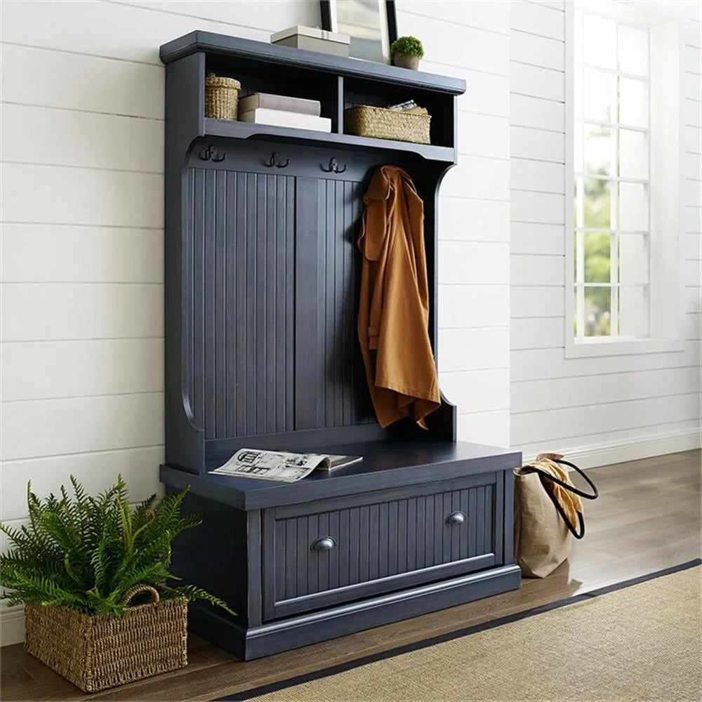 Bowery Hill 4-Hook Coastal Wood Hall Tree in Distressed Navy