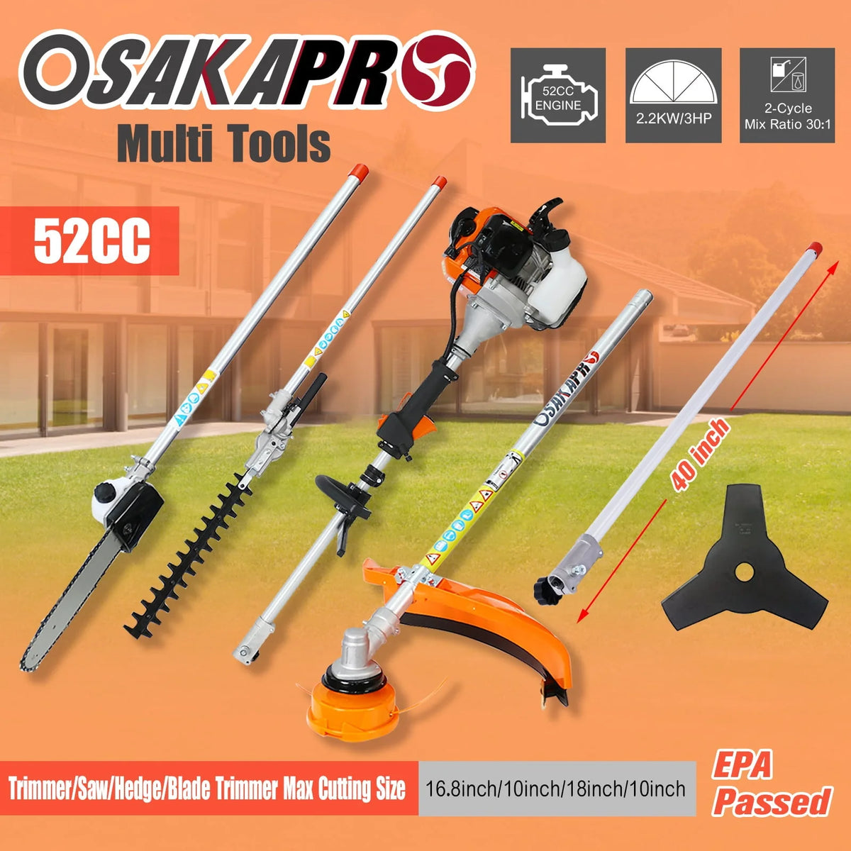Docooler 10 in 1 Multi-Functional Tool, 52CC 2-Cycle Garden Tool System with Gas Pole Saw, Hedge Trimmer, Grass Trimmer, and Brush EPA Compliant