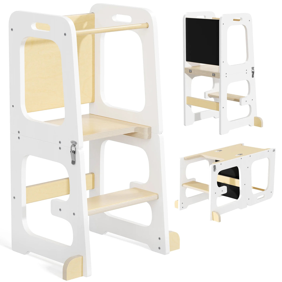 JOZ Kitchen Toddlers Step Stool, Montessori Kids Learning Stool, Foldable Toddler Tower for Counter, Standing Helper for Children, 3 Adjustable Heights, Wooden, White