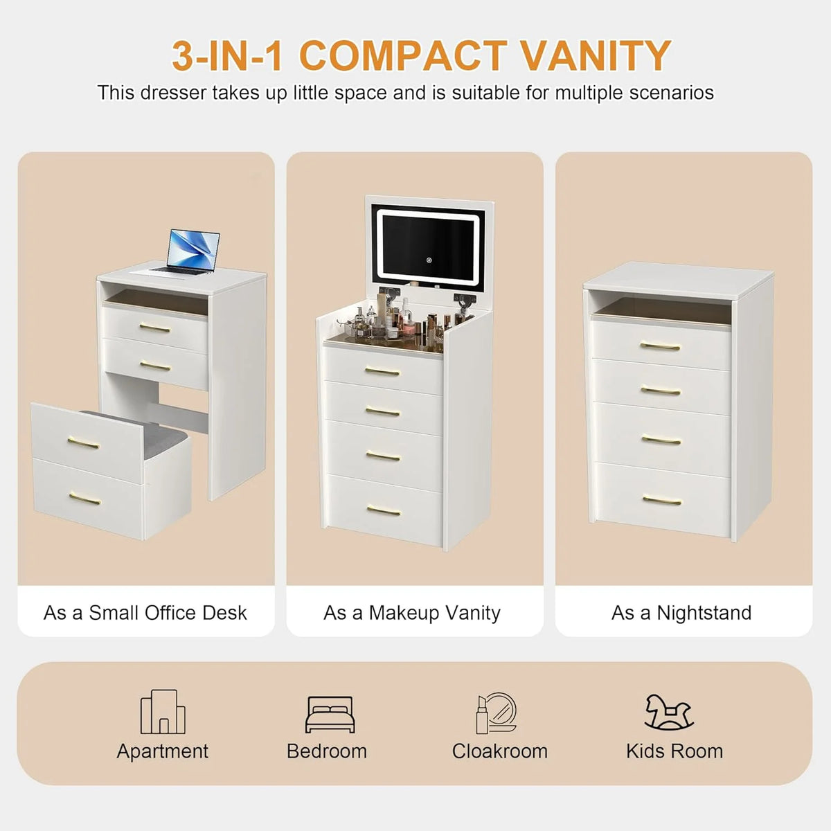 Montary Modern Mini Vanity w/Adjustable LED Mirror + Hidden Storage, Padded Stool & Dustproof Shelves (White)
