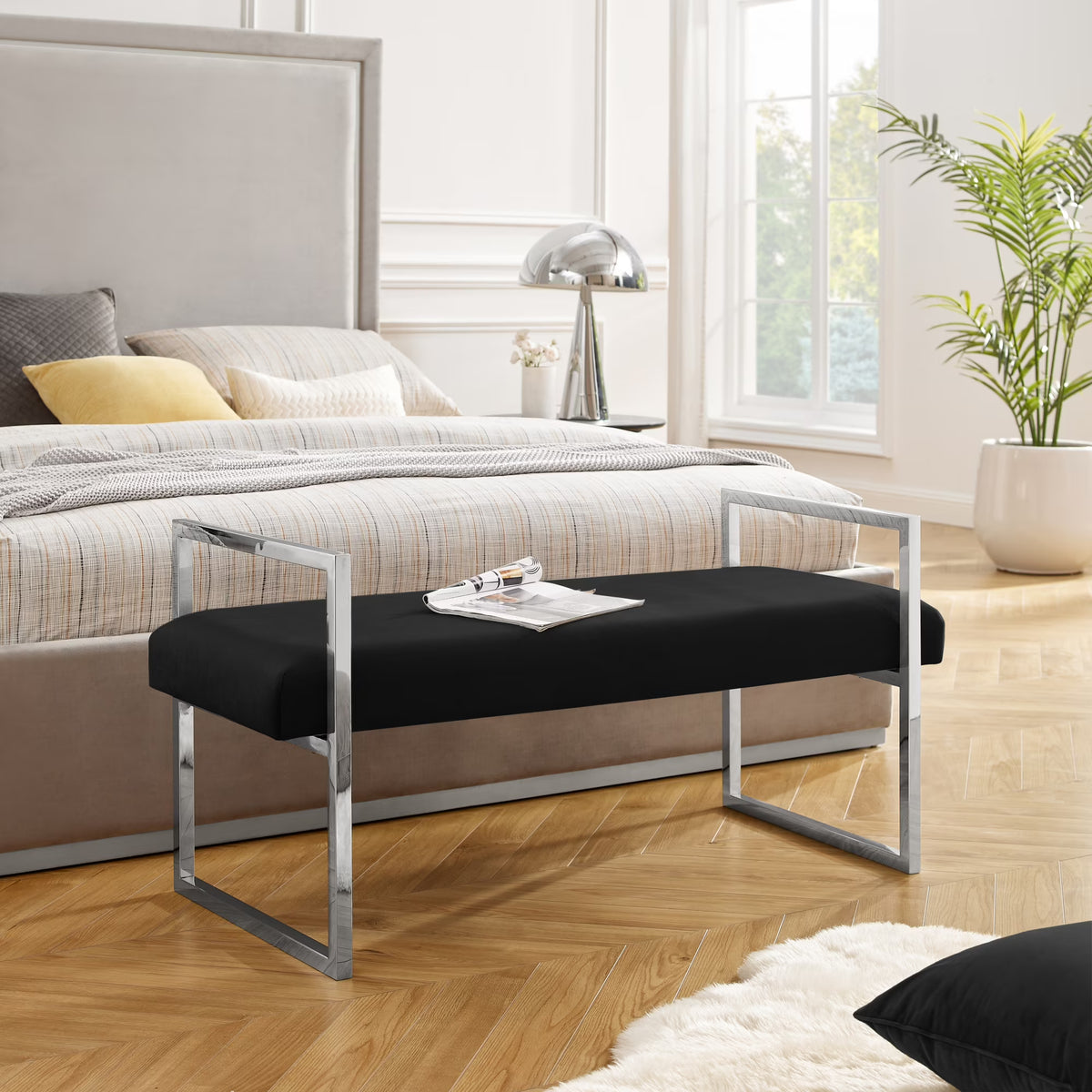 Madisen Velvet Bench with Gold Frame, Navy