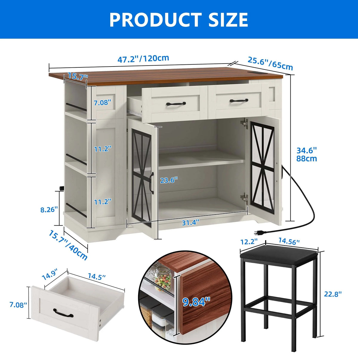 DEXTRUS Kitchen Island with Seating & Drop Leaf, Kitchen Island on Wheels with Doors & Drawers, White