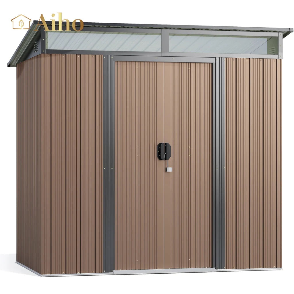 Aiho 6x4 FT Metal Storage Shed, Sheds & Outdoor Storage with Sliding Doors, Galvanized Steel Garden Shed for Bike Storage, Tool Storage - Brown