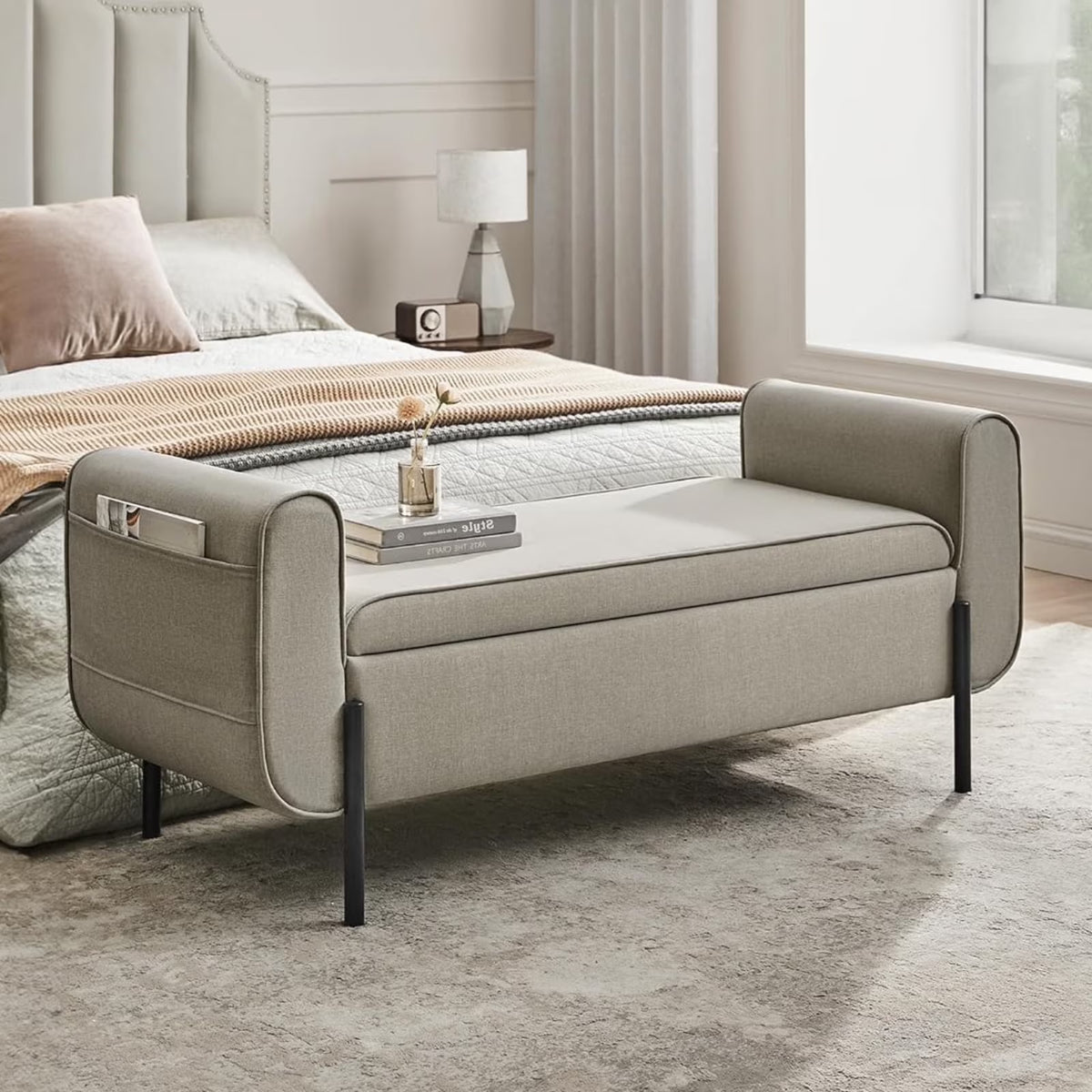 SONGMICS 46.5" Storage Ottoman Bench Storage Bench Bedroom Bench 330lb Load Capacity Solid Wood Legs Light Gray