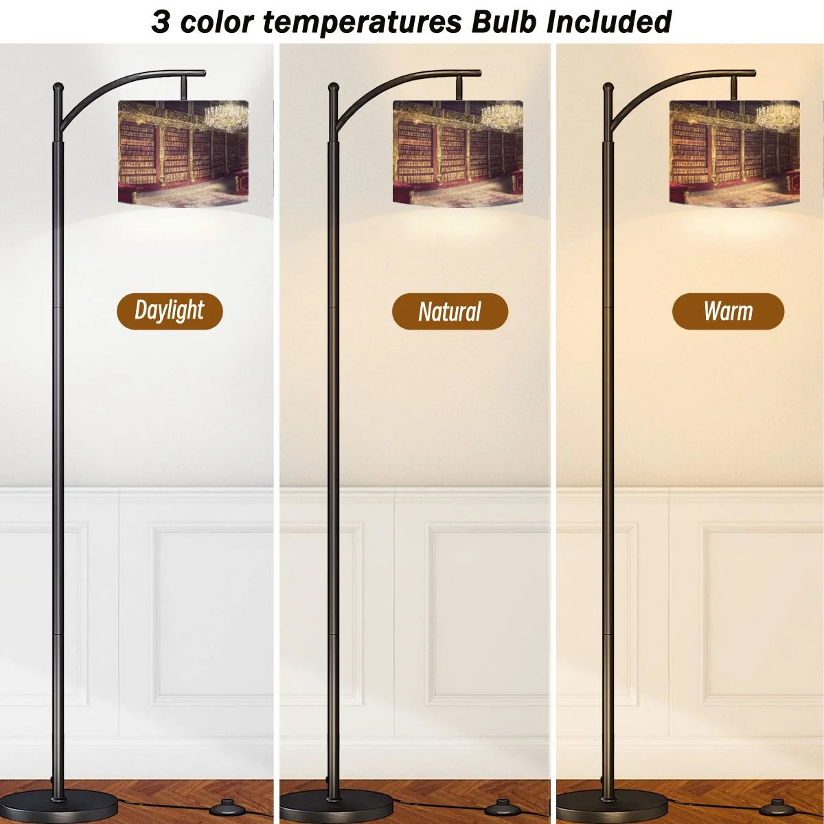 Arc Floor Lamps Surreal Bookshelf Dreamlike Sky Art Print Modern LED Adjustable Lampshade Standing Light for Living Room Reading Bedroom Office