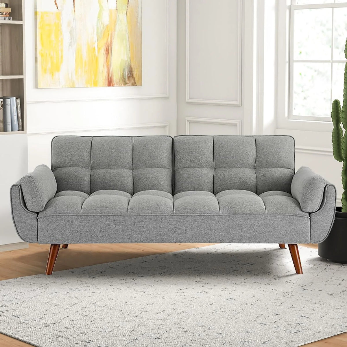 Mydepot Convertible Futon Sofa Bed, Adjustable Couch Sleeper Modern Fabric Recliner Reversible Loveseat Folding Daybed Guest Bed, Armrests, Yellow