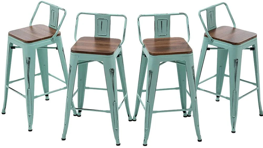 Andeworld Bar Stools Set of 4 Counter Height Stools Industrial Metal Barstools with Wooden Seats( 24 Inch, Distressed Green Blue)