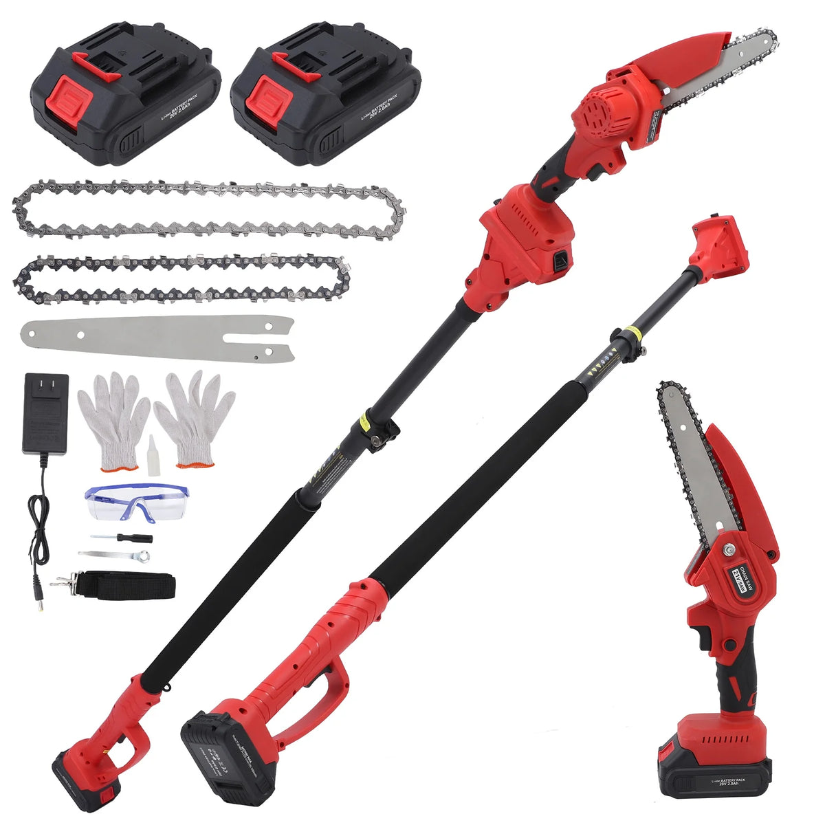 2-in-1 Brushless Cordless Pole Saw,6in + 8in Mini Chainsaw & Pole Saw with 2pcs 2.0A Batteries, 13.6ft Max Reach Brach Tree Saw Telescoping Extension Rod for Wood Tree Trimming Wood Cutting��Red