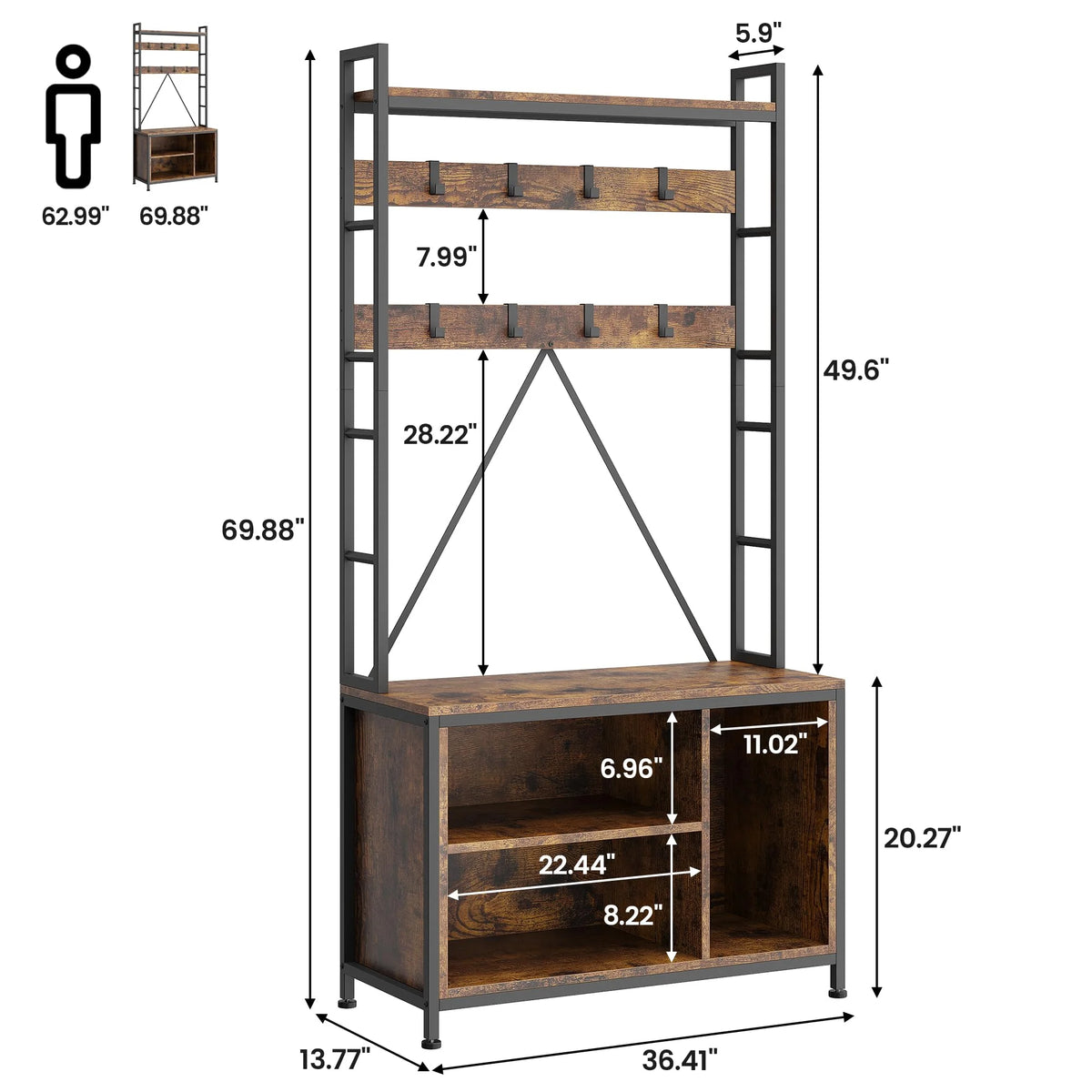Hall Tree with Bench 36.41" Coat Rack Freestanding 5 in 1 Industrial Shoe Bench with 3 Storage Cubbies and 8 Hooks Entryway Coat Rack with Shoe Storage, Brown