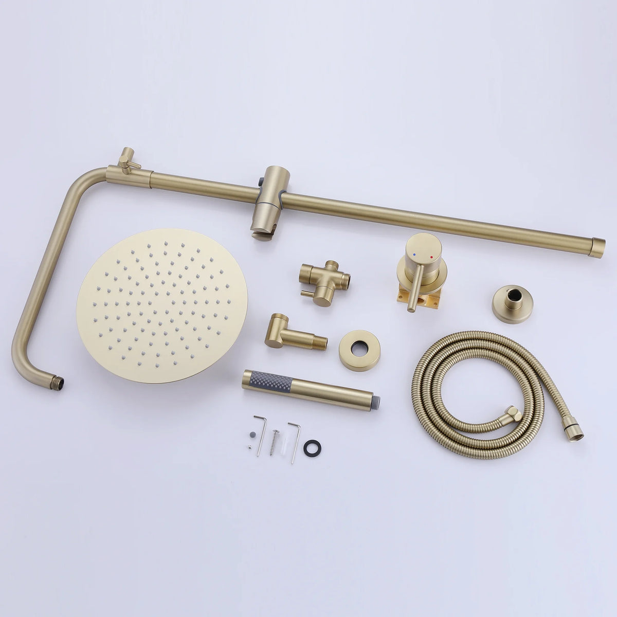 Brass Exposed Pipe Shower System, 10-inch Rainfall Shower Head with Handheld Shower Head with Rough-in Valve