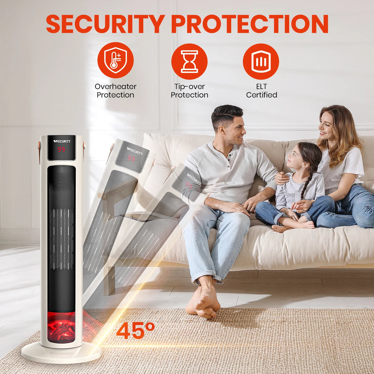 VECUKTY 26" Tower Space Heater with 3D Flame, 1500W Portable Electric Tower Electric Heater, 60 °Oscillation, 9H Timer,Remote Control for Indoor Bedroom Office Home