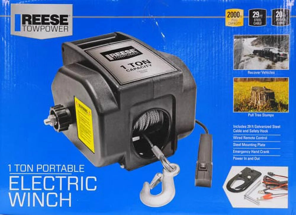 Reese Towpower Portable Electric Winch, Steel Cable, Black