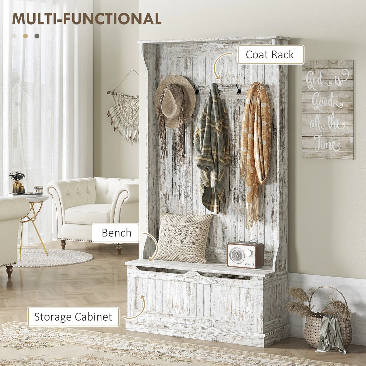 HOMCOM 3-In-1 Hall Tree Storage Bench and Coat Rack with 5 Steel Double Hooks, and Anti-Topple Anchor for Entryway, Cream White