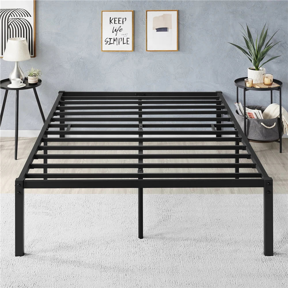 Alden Design Metal Platform Queen Bed Frame with Heavy Duty Steel Slat Support, Black