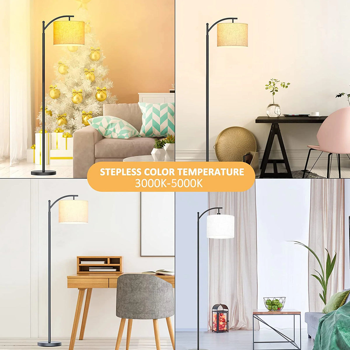 Pazzo Metal Arc Floor Lamp with Remote Control & Stepless Dimmable Bulb, for Living Room, Bedroom, Black