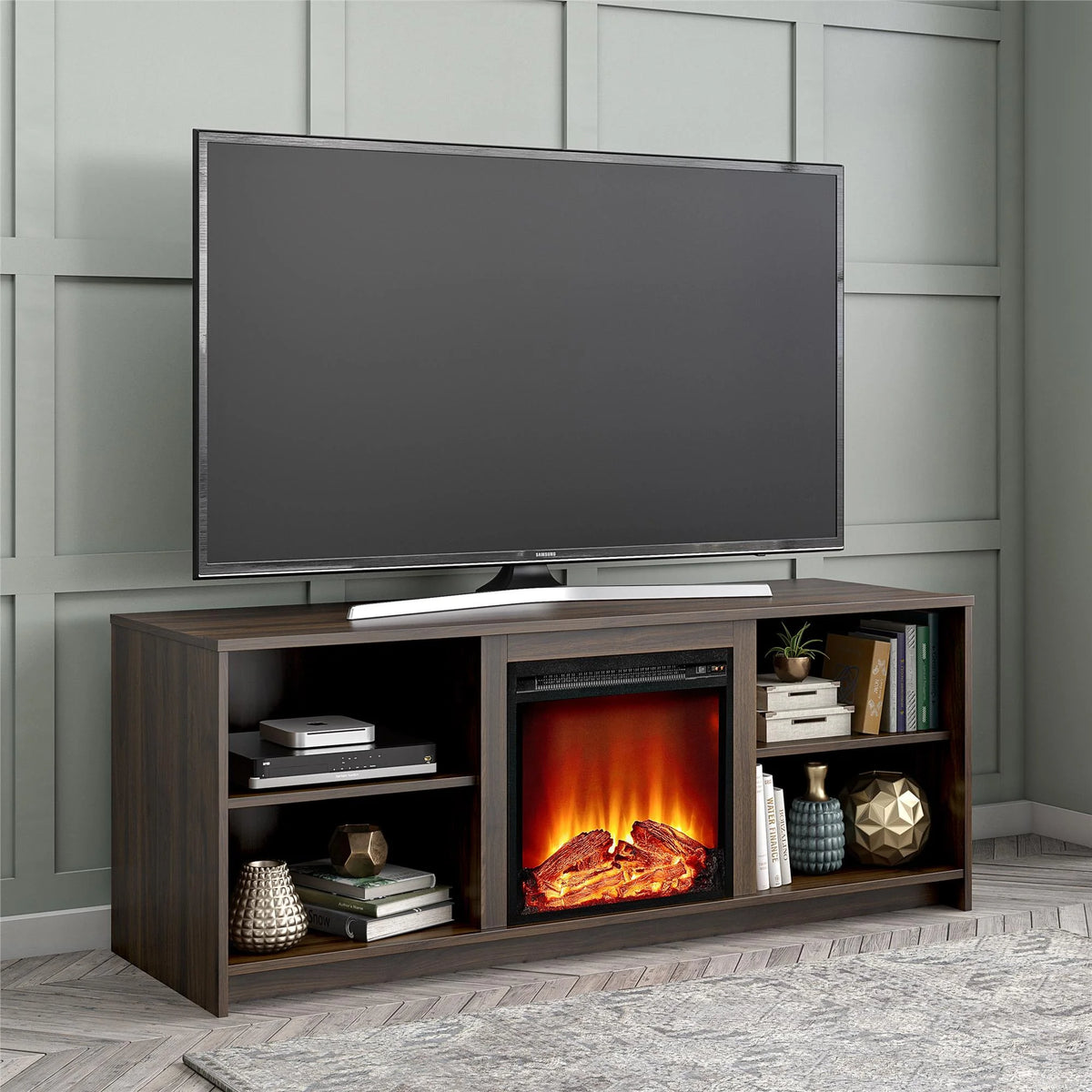 Mainstays Fireplace TV Stand for TVs up to 65", Black Oak