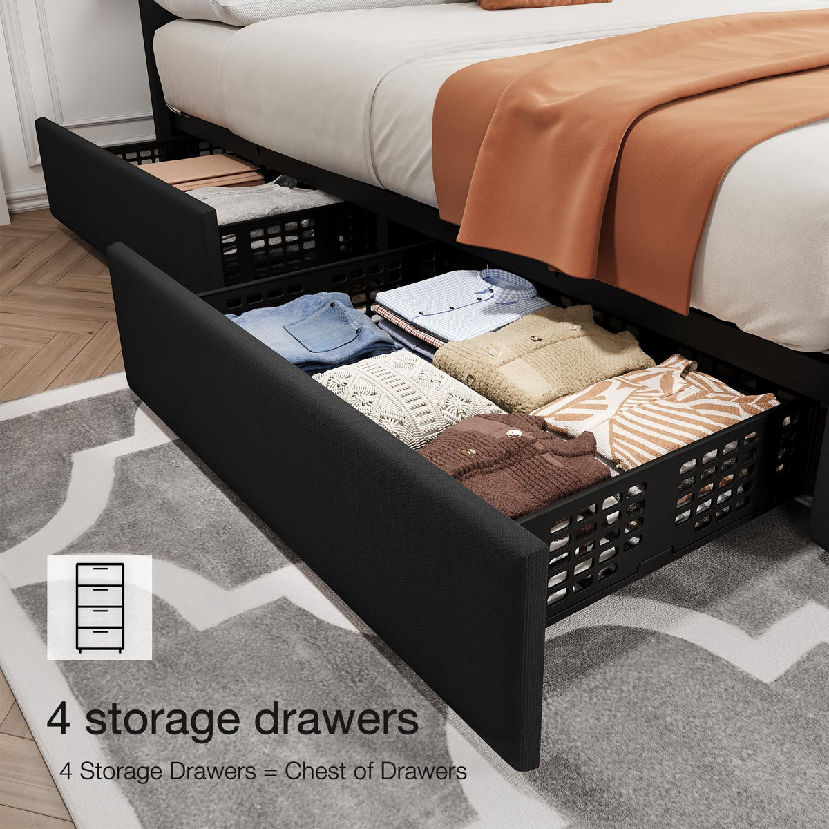 TROPOW Full Size Bed Frame,with 4 Storage Drawers and Adjustable Headboard, Linen Upholstered Platform Bed Frame, Diamond Stitched Button Tufted, No Box Spring Needed,White