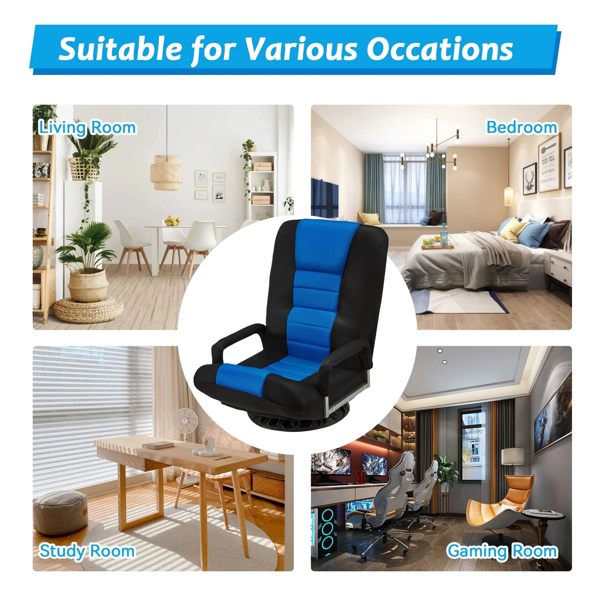 Avocahom Swivel Gaming Floor Chair w/ Armrest Handles, No Assembly gaming chair rocker, Folding Reclining Sofa w/6 Position Adjustable Backrest for Video Games, Watching TV, Reading,Blue