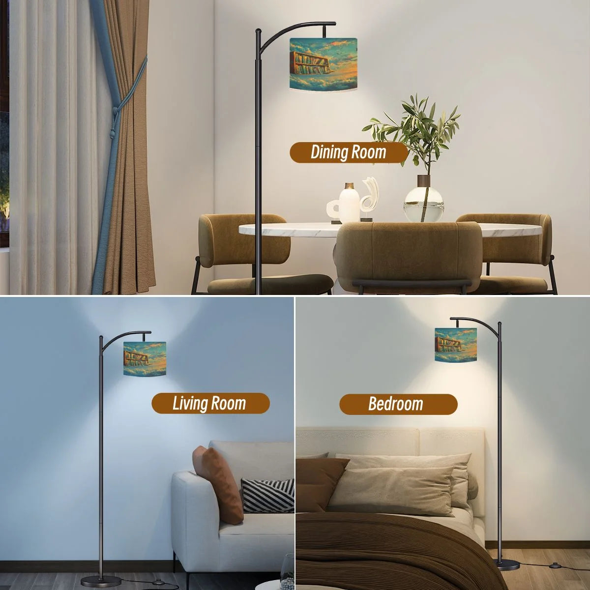 Arc Floor Lamps Surreal Bookshelf Dreamlike Sky Art Print Modern LED Adjustable Lampshade Standing Light for Living Room Reading Bedroom Office
