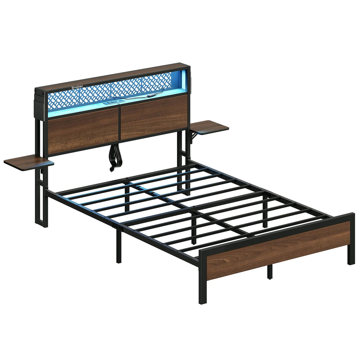 Bestier Queen Size Platform Bed Frame with Wood Foldable Bedside Shelves and LED Storage Headboard Charge Station, Gray