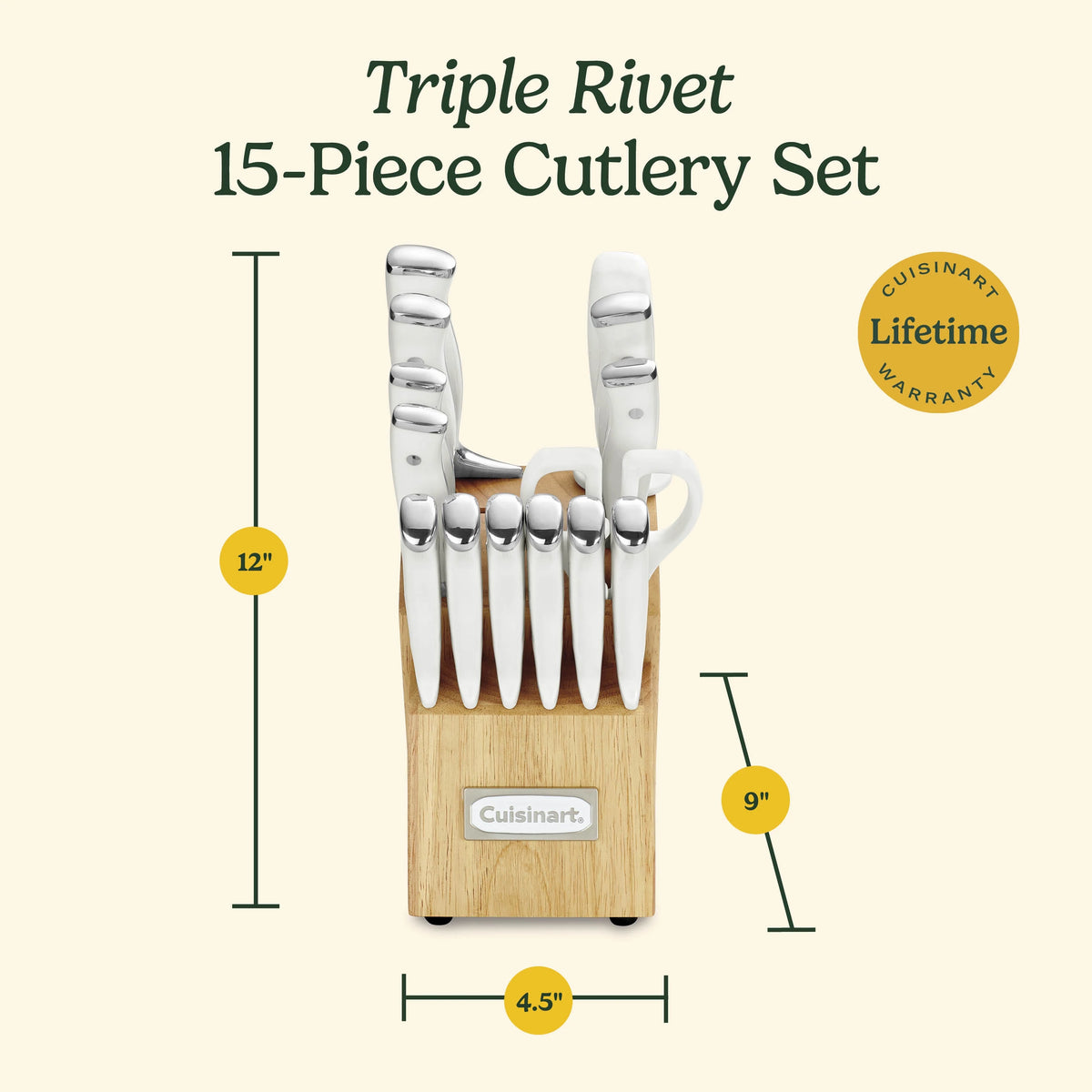 Cuisinart C77WTR-15PG Triple Rivet Collection 15-Piece Cutlery Block Set, White/Grey