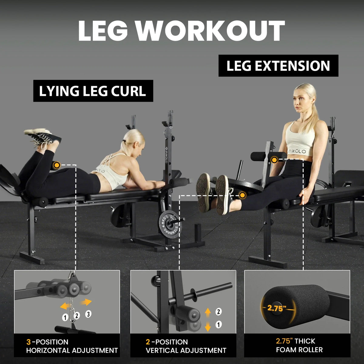 Mikolo Adjustable Weight Bench 800lbs 6 in 1 with Lat Pull Down, Leg Extension and Leg Curl, Chest Fly and Preacher Curl Workout Bench Multi-Function Strength Training Bench Press Exercise Equipment