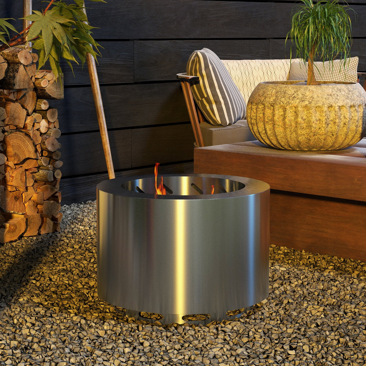 Outsunny Smokeless Fire Pit w/ Poker, 19" Firepit, Steel, Black