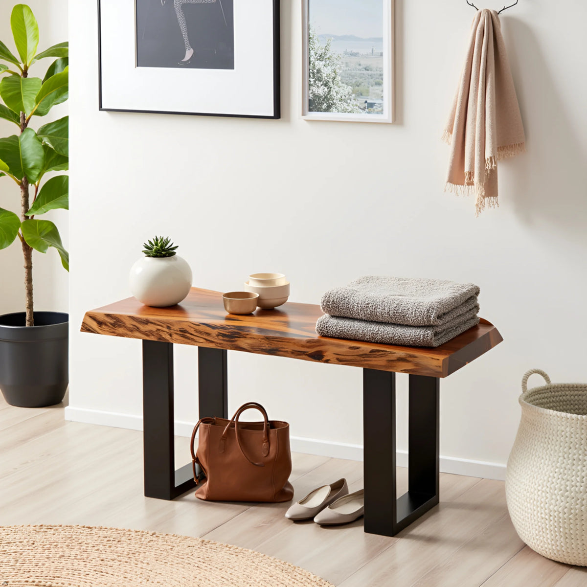 Alaterre Furniture Alpine 36-Inch Live Edge Solid Acacia Wood Bench with Black Metal Legs and Floor Protectors, Modern Farmhouse Entryway Hall Decor