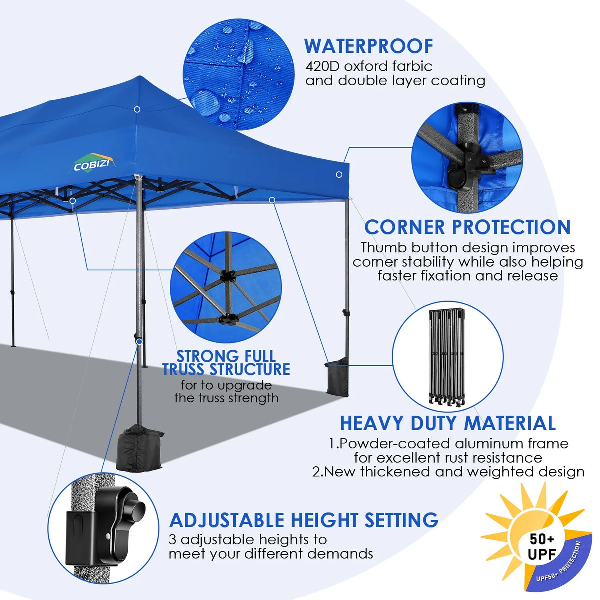 COBIZI 10x10 Heavy Duty Pop-up Canopy Tent for Outside, UPF 50+ Waterproof and Instant Outdoor Shelter, Outdoor Canopy for Beach,Party,Camping with Rope,Stake and Carrying Bag,White(Frame Thickened)