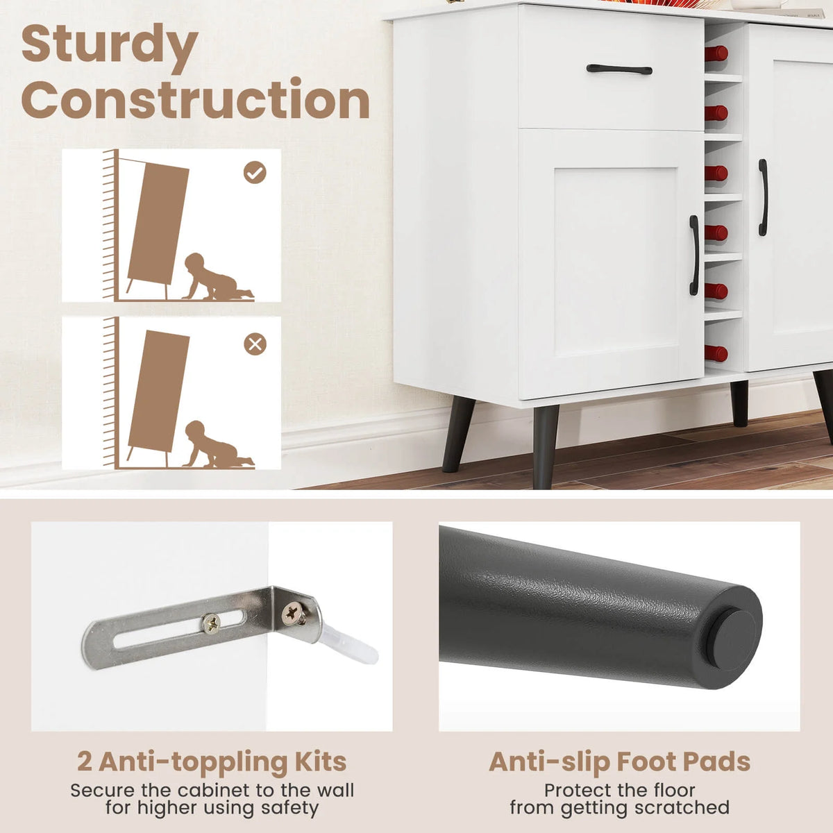 Costway 2-Door Wine Bar Cabinet Kitchen Sideboard Buffet with Drawer & Adjustable Shelves Natural