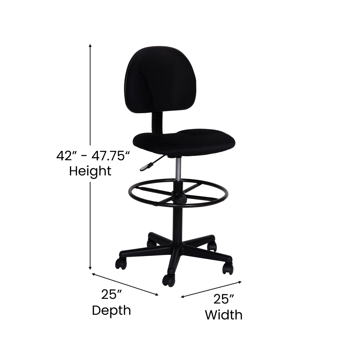 Emma  Oliver Black Fabric Drafting Chair (Cylinders: 22.5"-27"H, 26"-30.5"H)