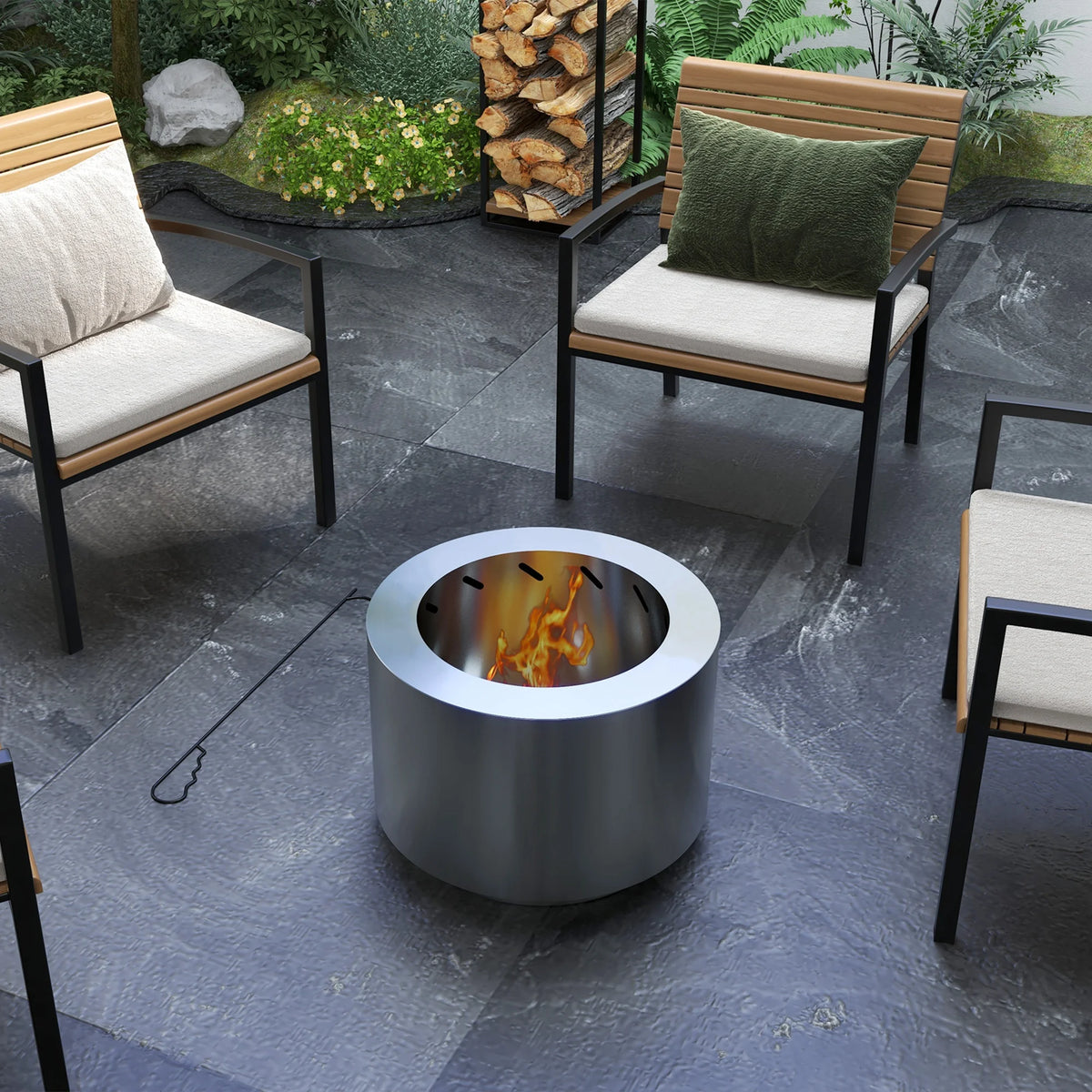 Outsunny Smokeless Fire Pit w/ Poker, 19" Firepit, Steel, Black