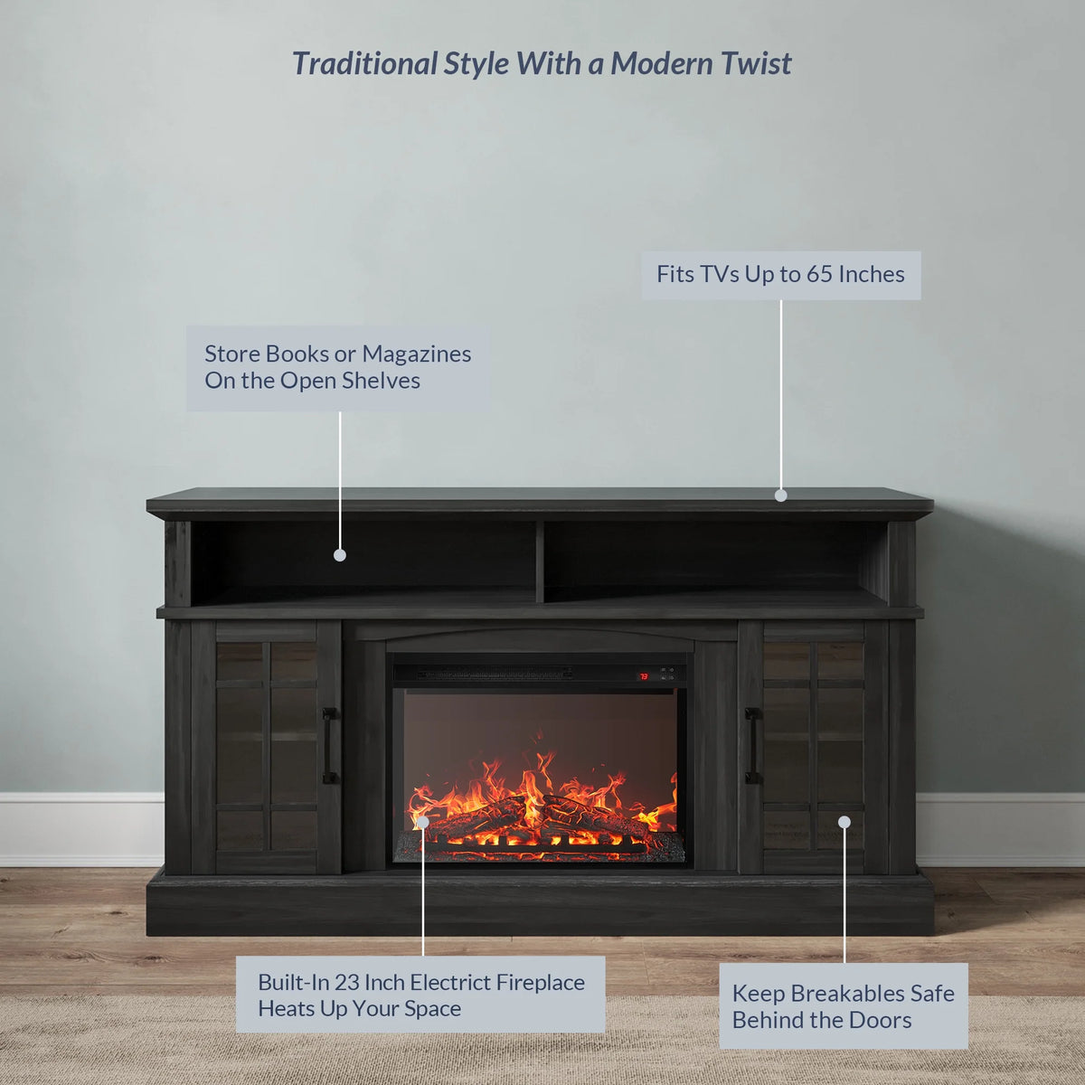 BELLEZE 58" TV Stand with 23" Electric Fireplace, Fireplace TV Console for TVs up to 65", Home Entertainment Center with Storage Cabinet and Adjustable Shelves - Astorga (Gray Wash)