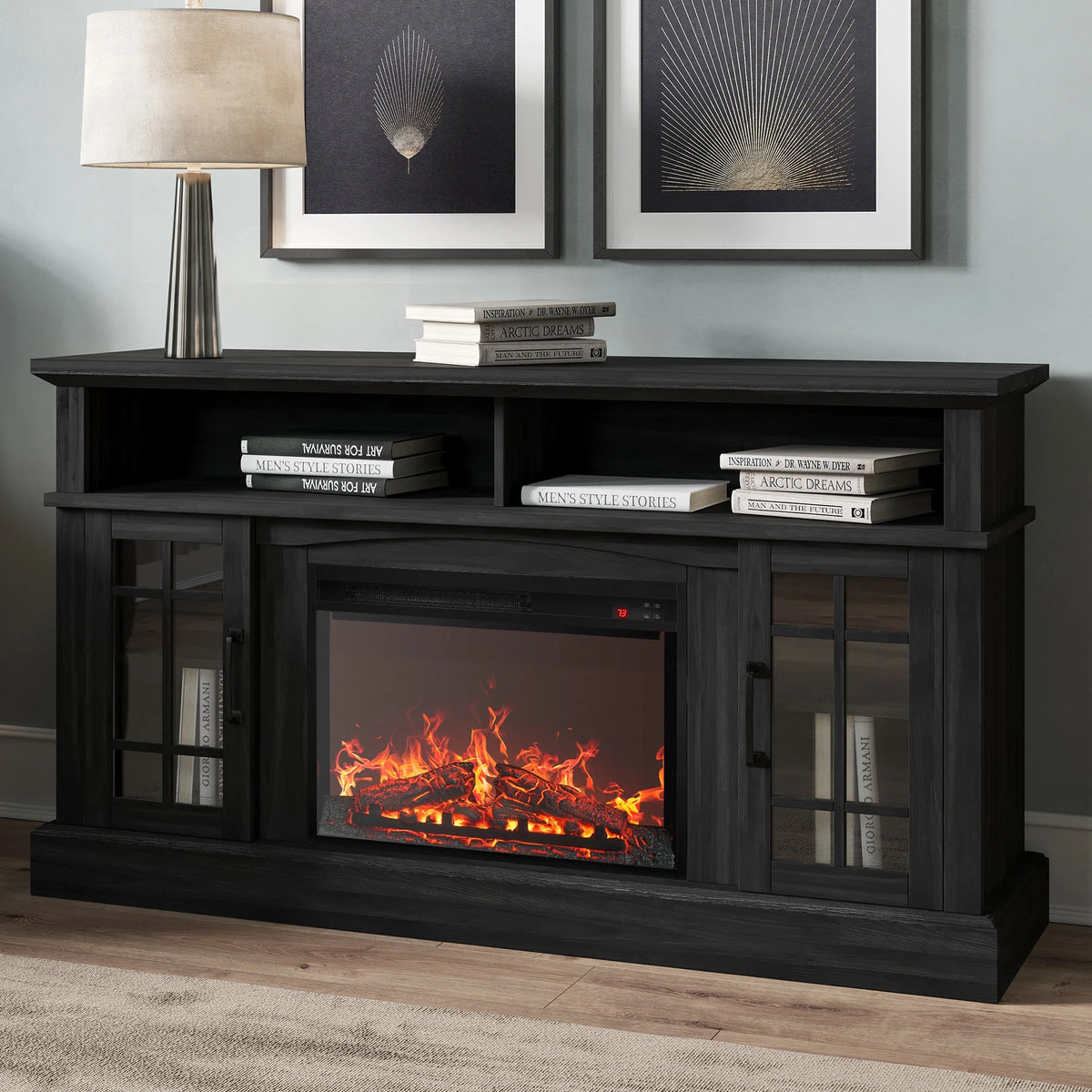 BELLEZE 58" TV Stand with 23" Electric Fireplace, Fireplace TV Console for TVs up to 65", Home Entertainment Center with Storage Cabinet and Adjustable Shelves - Astorga (Gray Wash)