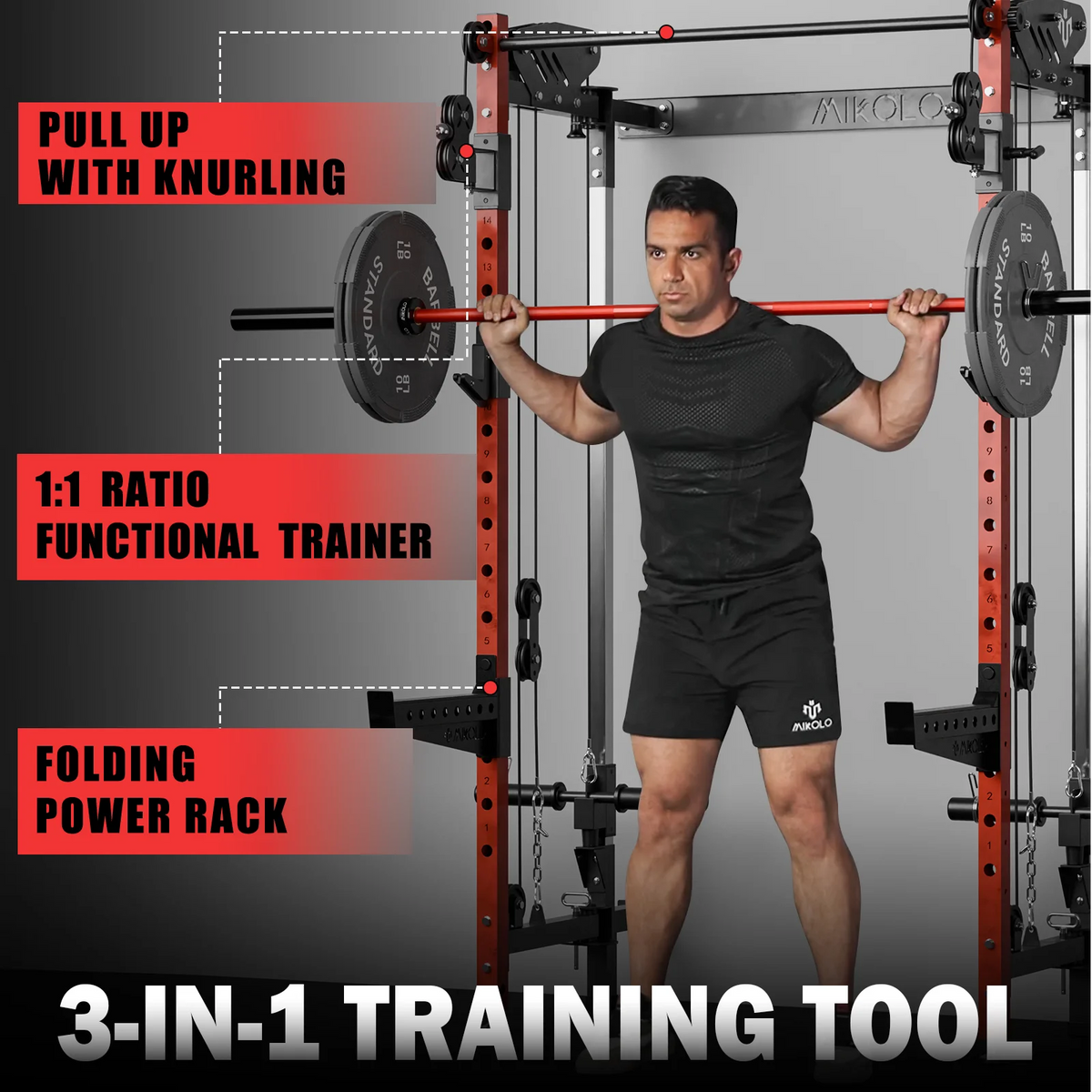 Mikolo Foldable Power Rack Cage,1000lbs Capacity Wall Mounted Squat Rack with independent pulley system, Space Saving Home Gym Equipment with 5 Adjustable Angle