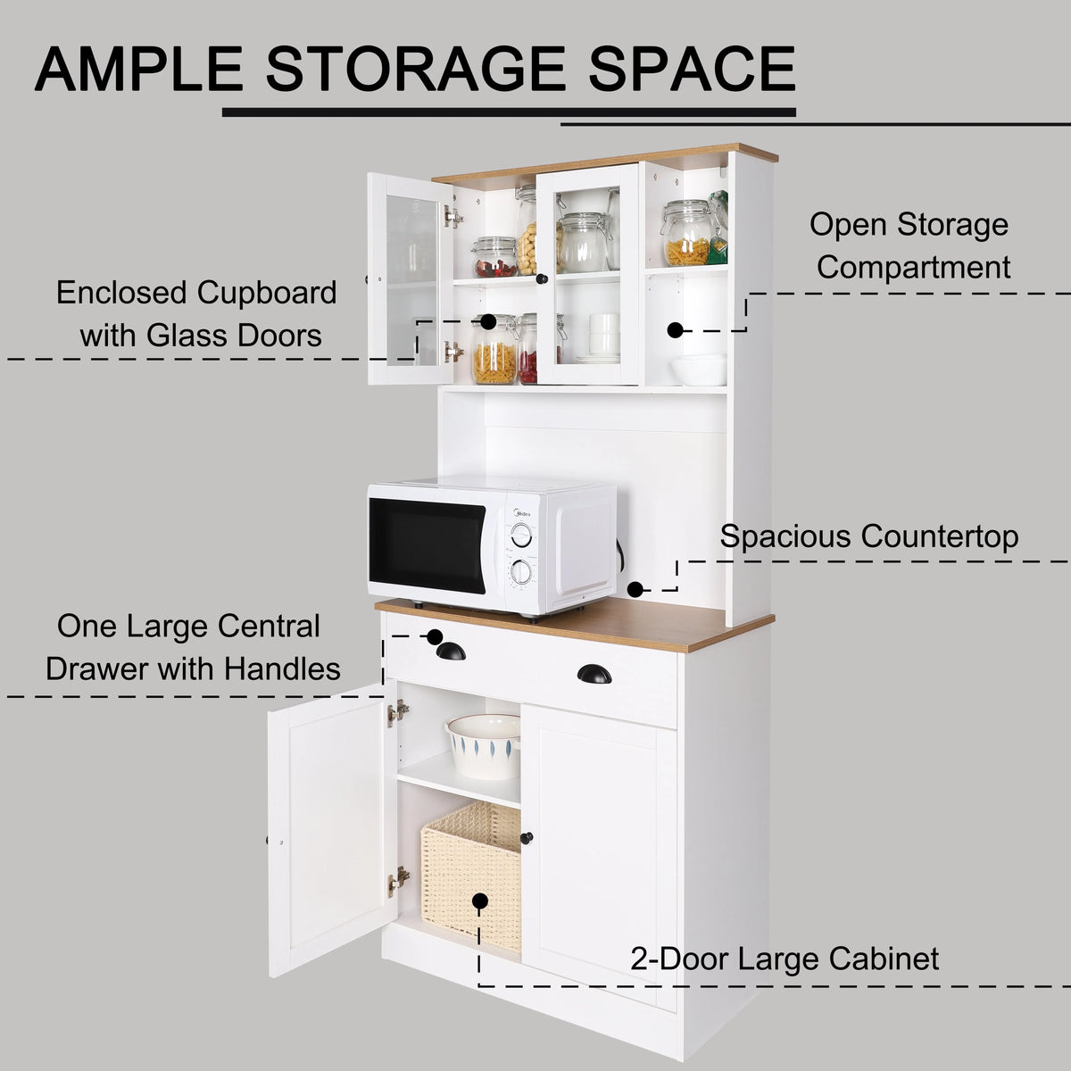 VEIKOUS 72"Kitchen Pantry Storage Cabinet Buffet with Shelves and Microwave Space, White