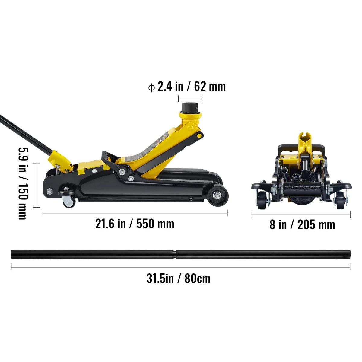 KFFKFF Low Profile Floor Jack,2.5 Ton(5500 lbs) Slim Profile, Durable Steel Racing Lift with Single Piston Pump, Range 3.35"-14.96"��Black+Yellow
