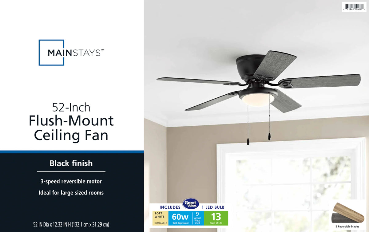 Mainstays 52" Black Traditional Indoor Ceiling Fan with Light, Pull Chain Control & Reverse Airflow