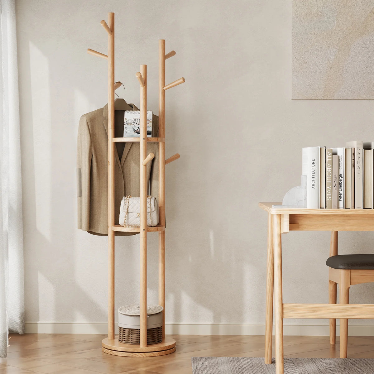 KASLANDI Solid Wood Rotary Coat Rack with 3 Shelves & 9 Hooks, Freestanding Hall Tree Stand, Coat Tree for Entryway, Living Room, Walnut, Easy Assembly