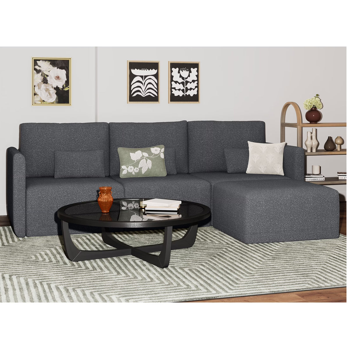Beautiful Drew Modular Sectional Sofa with Ottoman by Drew Barrymore, Gray Fabric