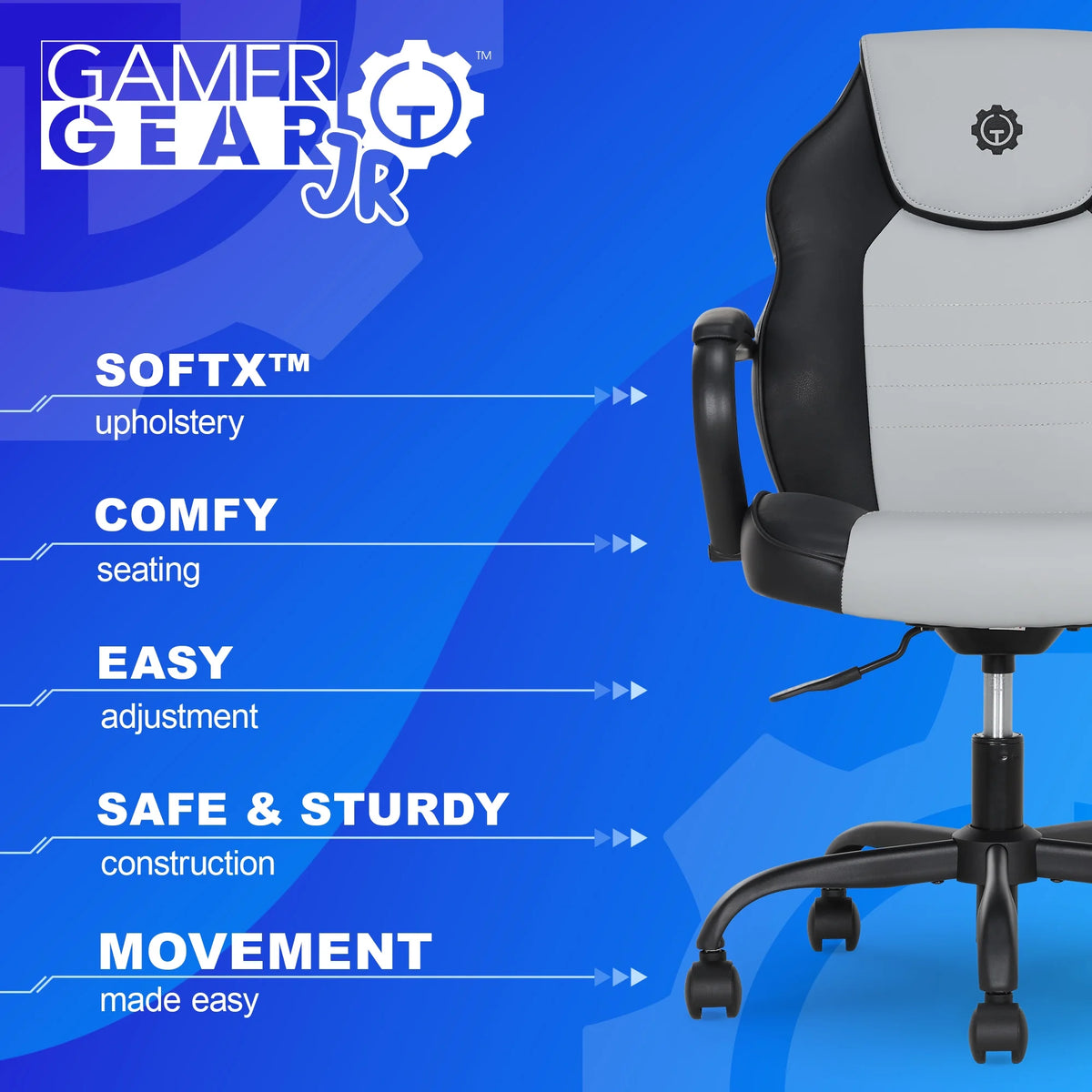 Gamer Gear Jr. Xplorer Gaming and Computer Chair, Kids and Teens Gaming Chair with Padded Arms, Adjustable Height, White and Black