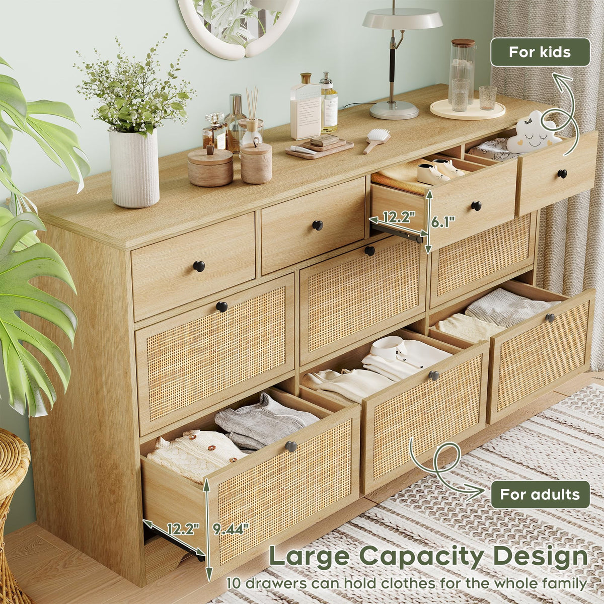 Brafabhome Rattan 6 Drawers Dresser for Bedroom, Vintage Boho Double Dresser Wicker Chest with Wooden Legs for Living Room Hallway| Mint