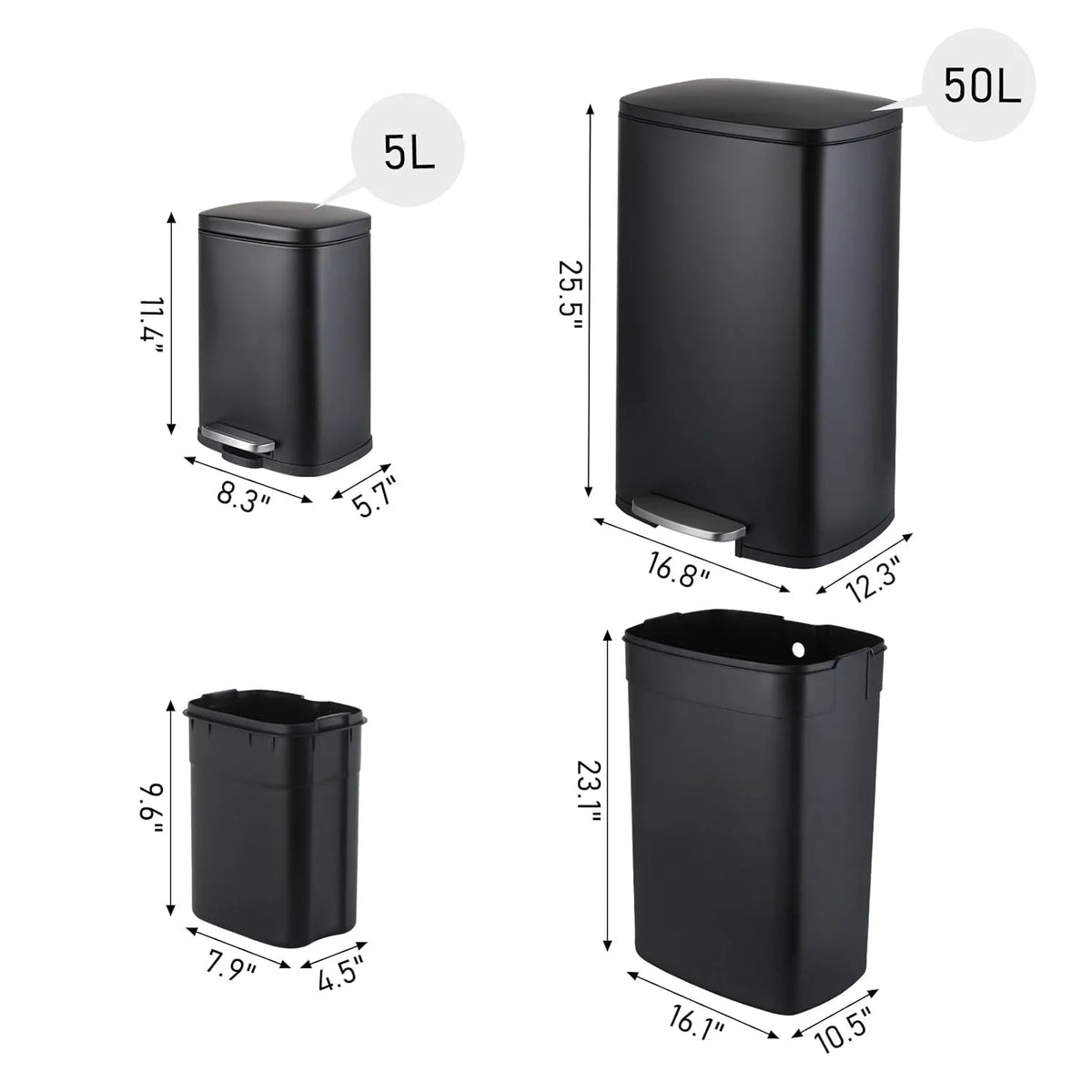 LAZY BUDDY 13.2 Gallon Stainless Steel Kitchen Trash Can with 1.3 Gallon Mini Trash Can, Rectangular Step Garbage Can with Lid