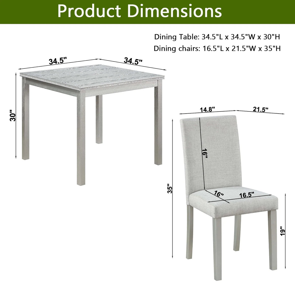 PORKISS Dining Table Set for 4, Solid Wood Dining Room Set with 1 Square Table 4 Upholstered Chairs, Dinner Table with Padded Chairs for Home Kitchen, Gray