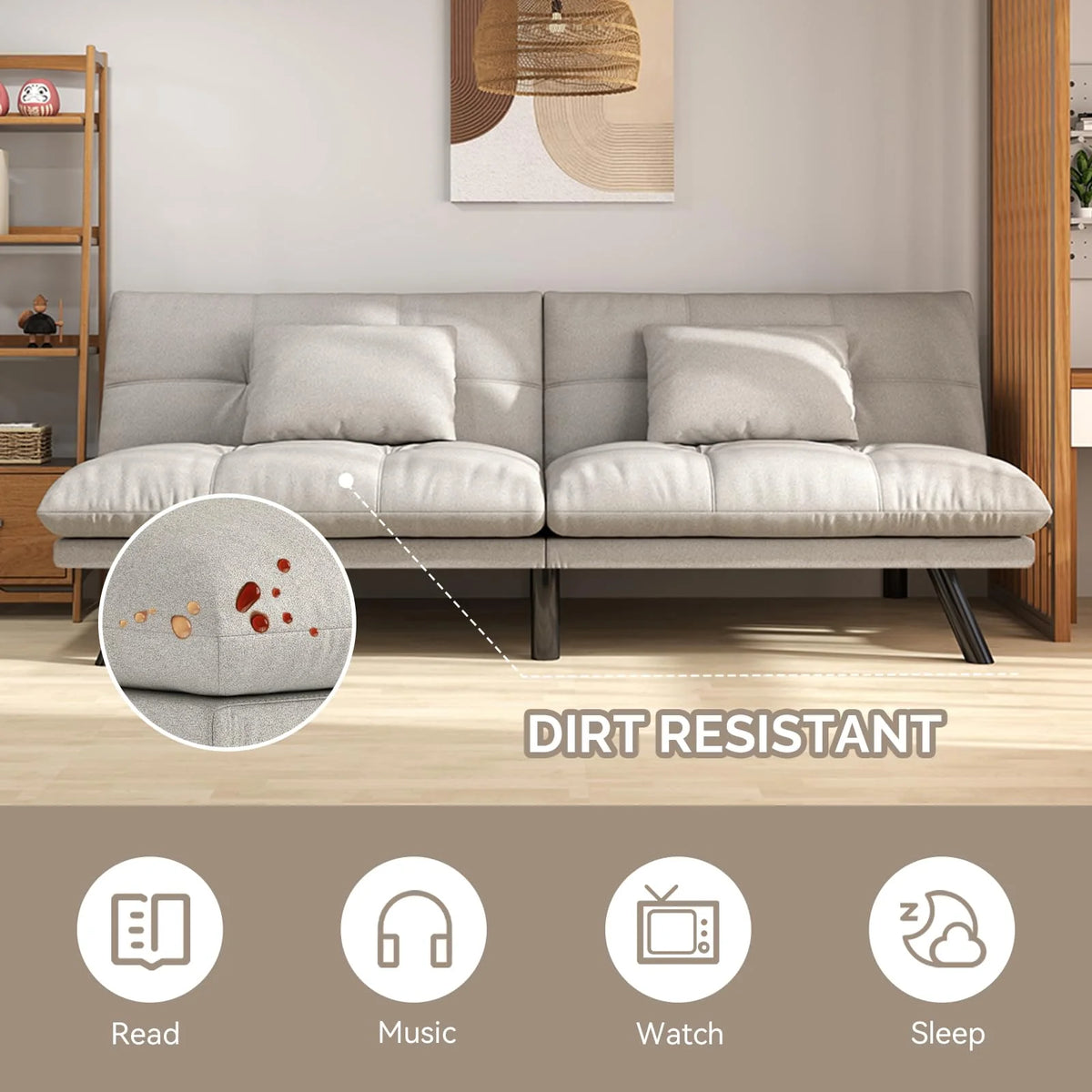 70���� Convertible Futon Sofa Bed Folding Bed Sleeper Couch for Living Room, Small Space or Office, Light Grey