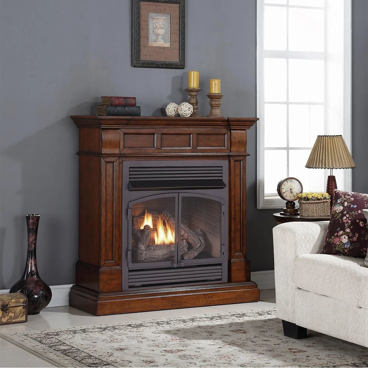 Duluth Forge Dual Fuel Ventless Gas Fireplace With Mantel - 32,000 BTU, T-Stat. Control, Auburn Cherry Finish - Model# DFS-400T-2AC