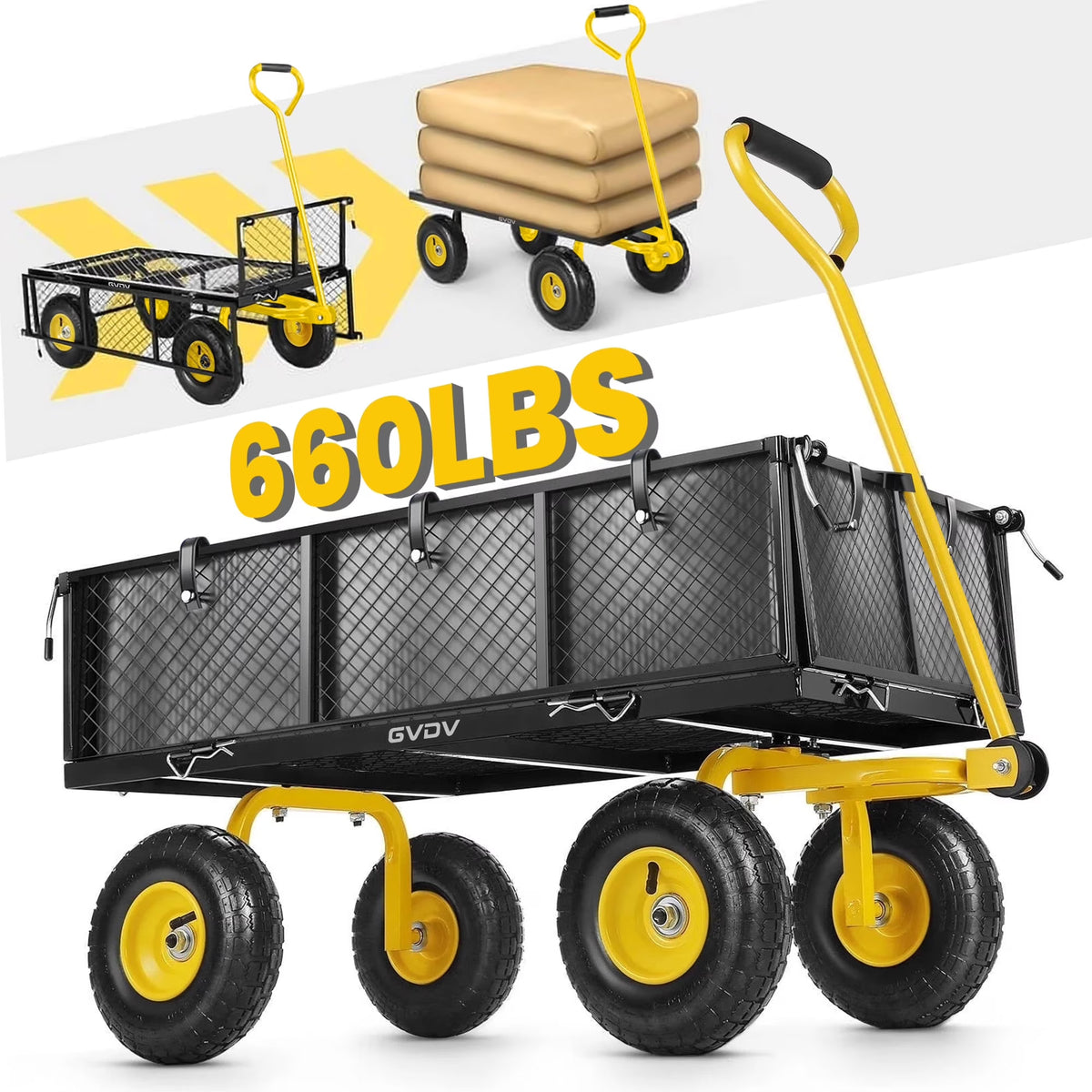 GVDV Heavy Duty Steel Garden Cart with Liner, 660lbs Capacity, 3 Cu ft, 10" All-Terrain Wheels, Black/Yellow �C Durable Utility Cart for Yard Work, Hauling, and Outdoor Use